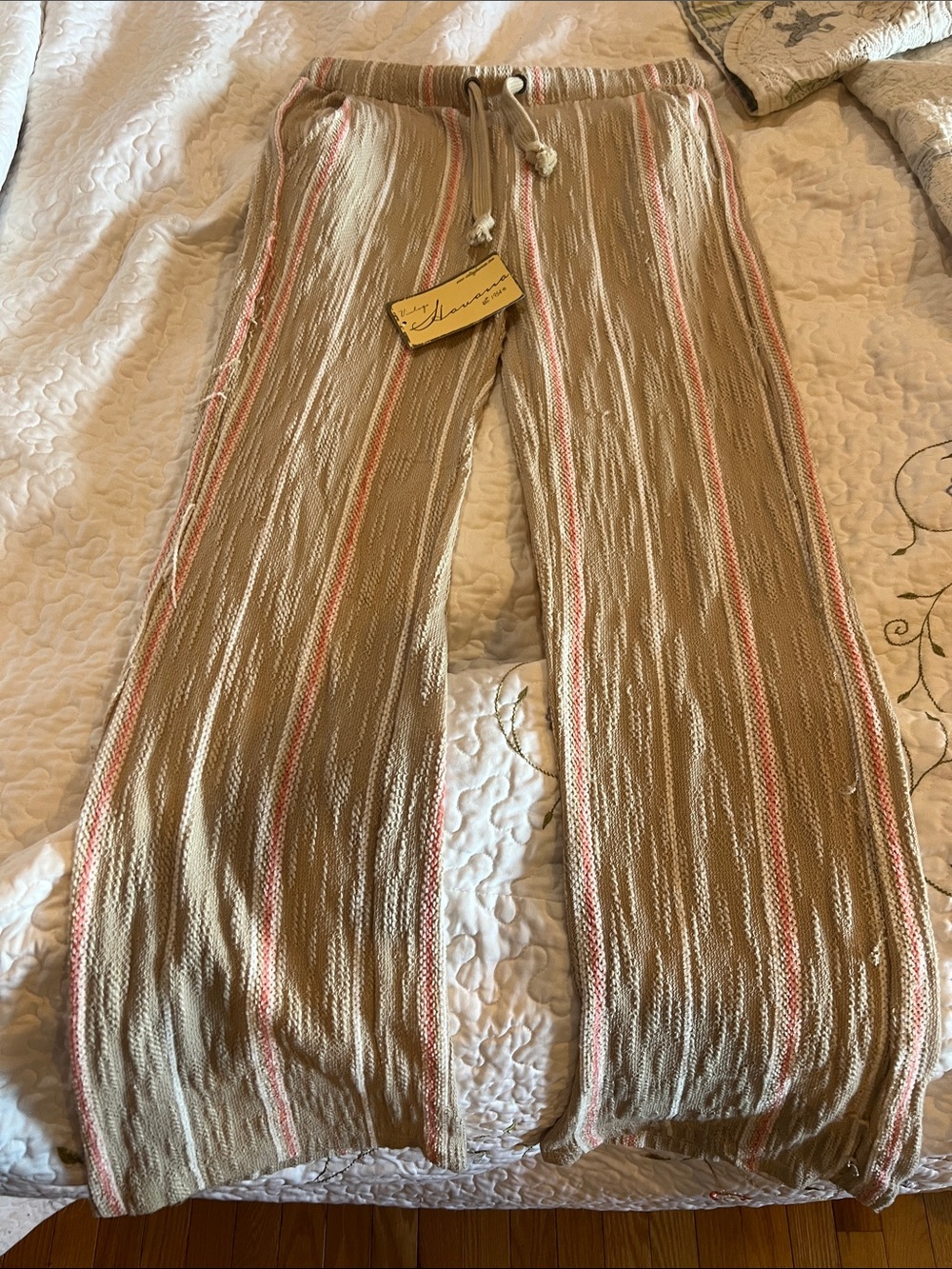Vintage Havana Beige Knit Wide-Leg Pants with coral Stripe